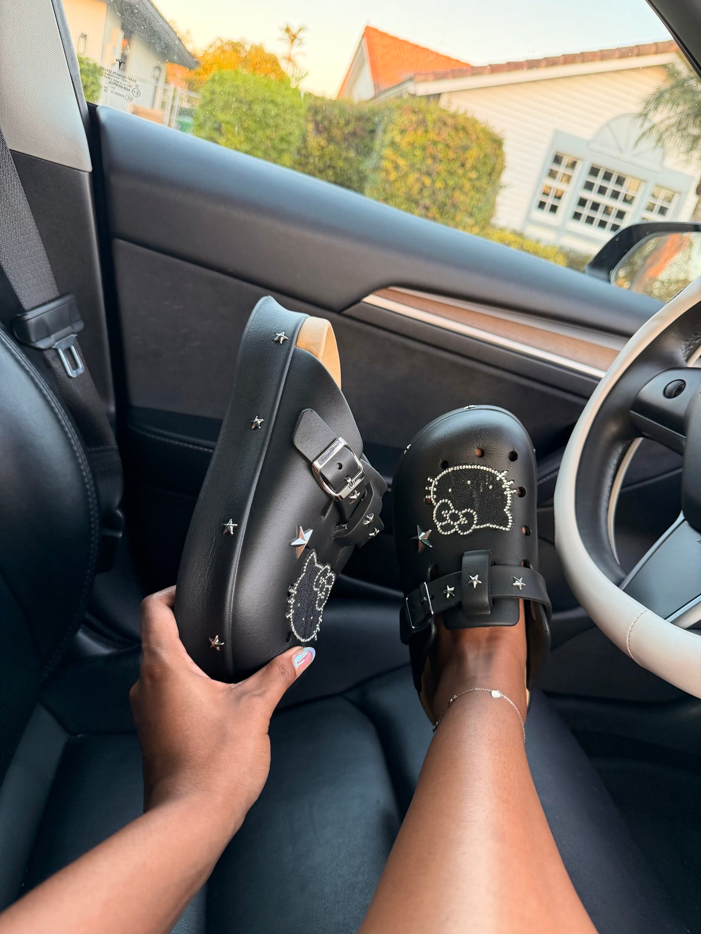 Black Crystal Kitty Clogs