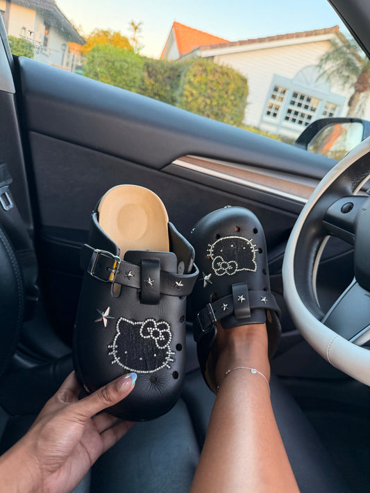 Black Crystal Kitty Clogs