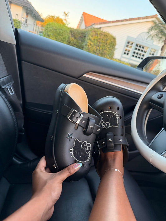 Black Crystal Kitty Clogs