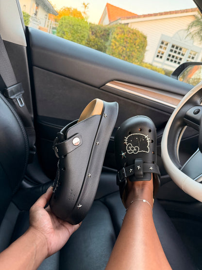 Black Crystal Kitty Clogs